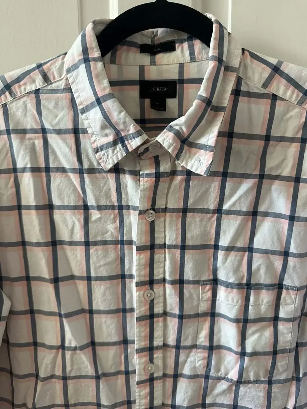 J. Crew Mens Slim Pink Navy Blue Plaid Long Sleeve Button Down Collard Shirt Med